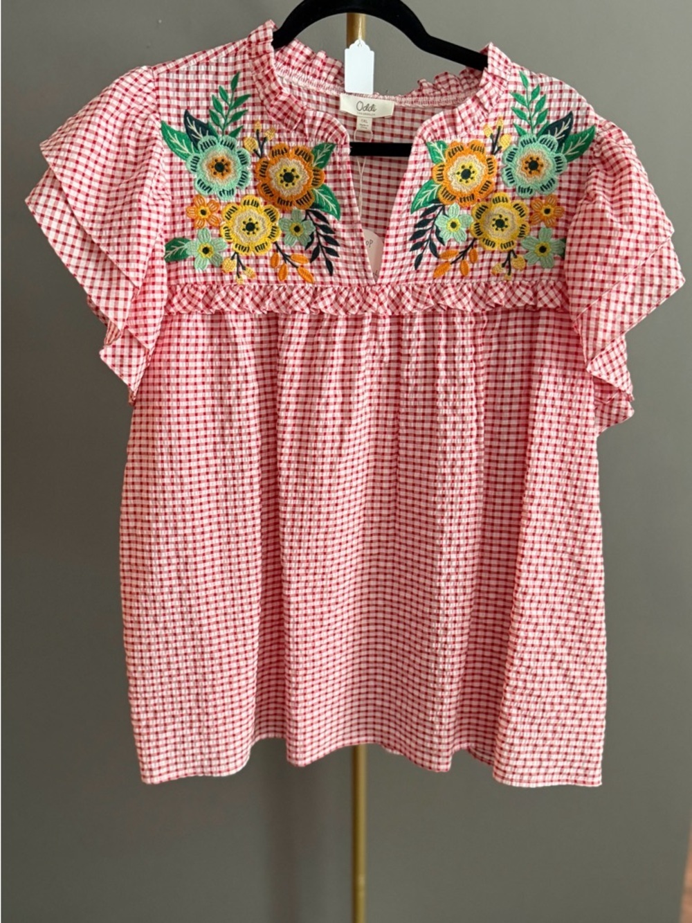 Oddi Embroidered Floral Gingham Blouse 1XL NWT | Boho Peasant Cottagecore Top